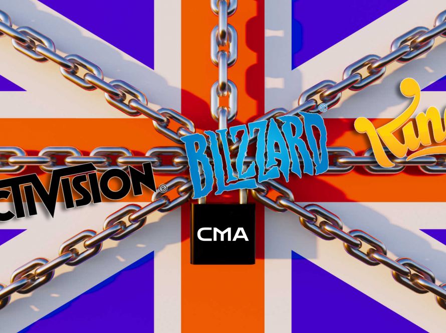 Imagen de una bandera británica con cadenas y un candado con la sigla CMA, bloqueando los logos de Activision, Blizzard y King. En referencia al rechazo por parte de la CMA a la opción de compra de Microsoft sobre Activision Blizzard.